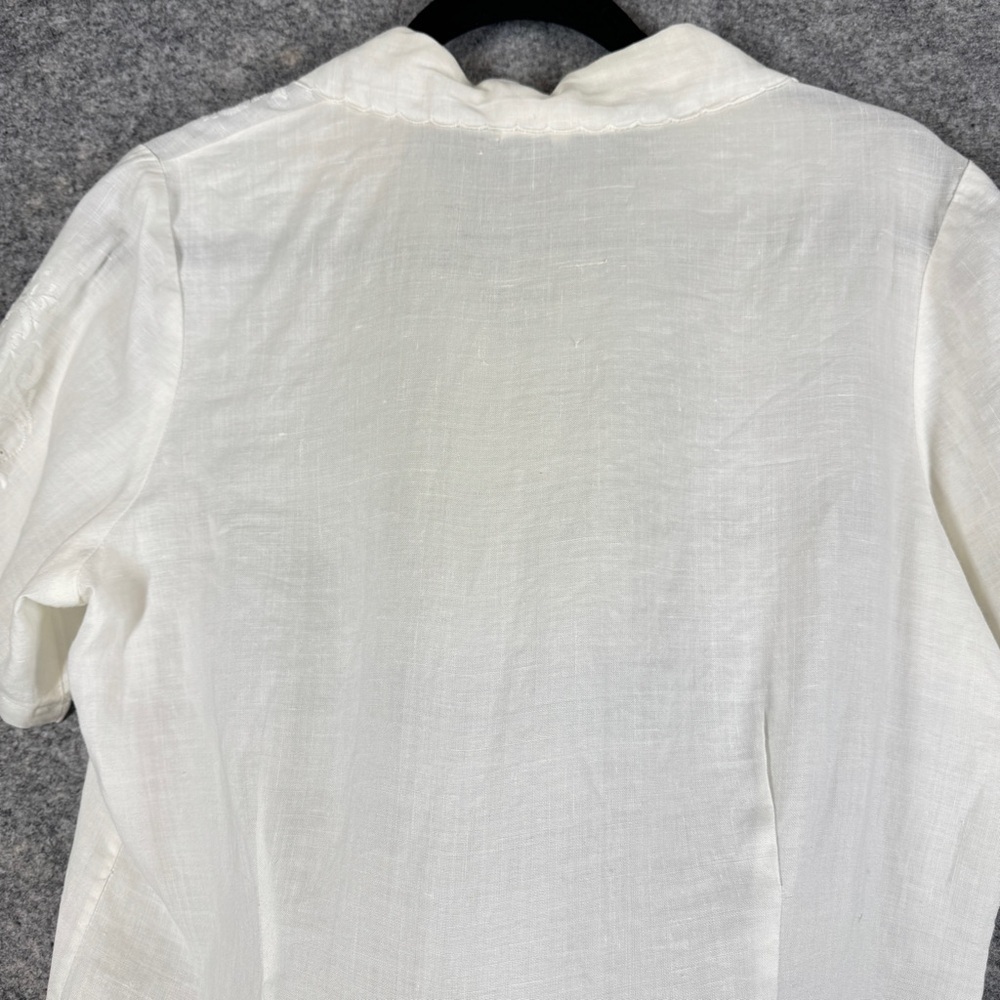 Vintage Ivory Linen Embroidered Button Blouse XL Short Sleeve Summer Cottagecore - Picture 13 of 16